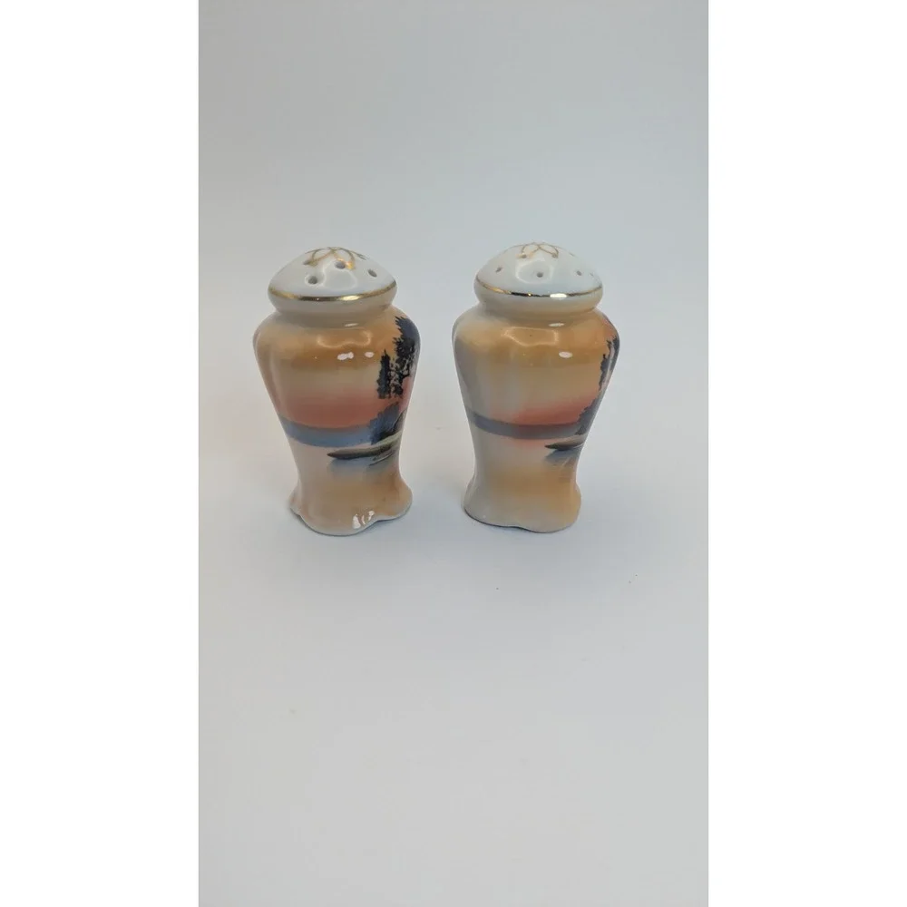 Vintage Japan Porcelain Salt and Pepper Shakers Hand Painted Sunset Landscape 3